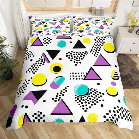 80s 90S Fashion Style Bedding Set Queen Size,Retro Memphis Style Pattern with Geometrical Shapes Duvet Cover for Kids Child,Funky Hipster Old Fashioned Comforter Cover Geometric Bedroom Decor