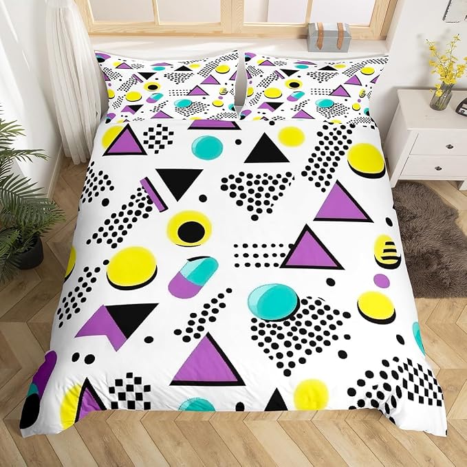 Retro 80s Style Bedding Set Twin,Abstract Geometric Pattern Duvet Cover Urban Modern Design with Circles and Triangle Comforter Cover Colorful Pop Art Inspired Pattern Quilt Cover for Boys Child