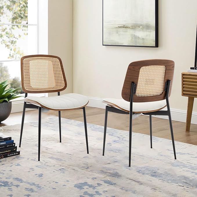 LUNLING Dining Chairs Set of 2 Mid Century Modern Retro Faux Leather Kitchen Chairs with Walnut Bentwood Upholstered Seat Metal Legs Adjustable Foot for Kitchen Dining Room Chairs(White-Rattan Back)