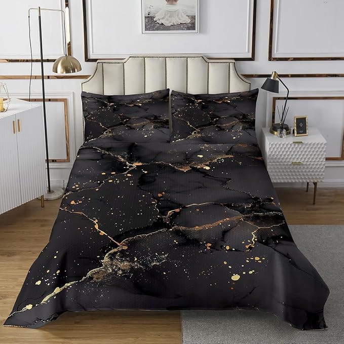 Erosebridal Black Marbling King Quilt Set Gold Metallic Sequin Coverlet Set, Dark Grey Marble Bedding Set Abstract Aesthetic Artwork Bedspread Set, Modern Fashion Bed Quilt Luxurious Room Decor