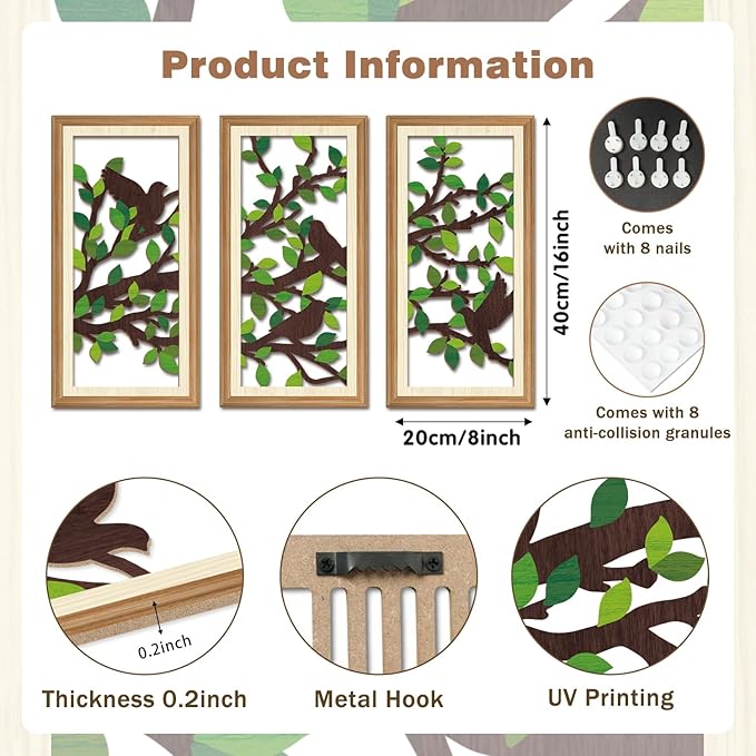 IARTTOP 3 Pcs Nature Silhouette Wall Art Set Green Leaf Botanical Wall Decor Bird on Branch Art Prints Rustic Farmhouse Wood-Look Art Decor for Living Room Bedroom Office 8x16 Inch