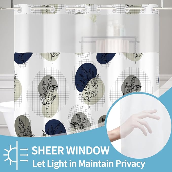 No Hook Shower Curtain with Snap in Liner Boho Shower Curtain for Bathroom Waterproof Fabric Creative Gray and Blue Plant Botanical Bath Decor Machine Washable 71x74 Inch