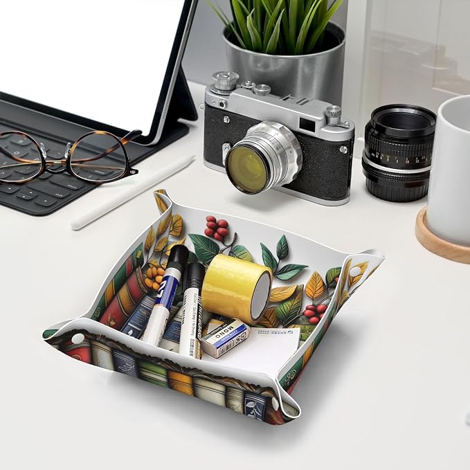 Retro Wooden Row Of Colorful Books Valet Tray Leather Portable Tray Desktop Storage Organizer Bedside For Men Women Jewelry Keys Coin Candy Sundries