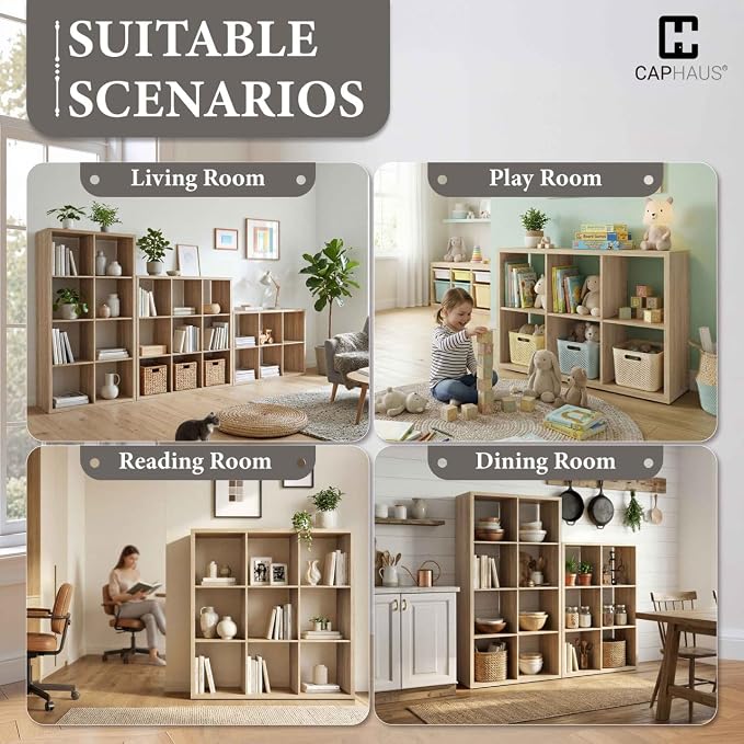 CAPHAUS Sturdy Room 13-Inch Cube Storage Organizer Shelf, with Extra Thick Exterior Edge, Open Storage Shelf Divider, Bookcase, 6-Cube, Natural Oak