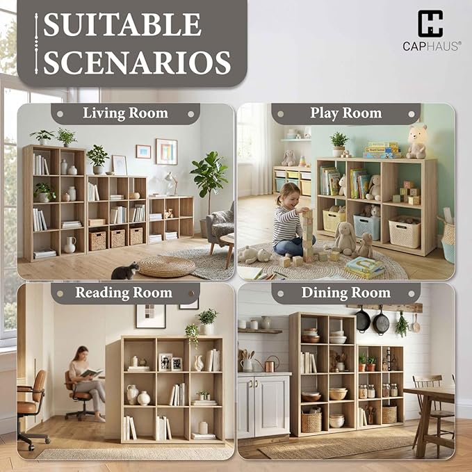 CAPHAUS Sturdy Room 13-Inch Cube Storage Organizer Shelf, with Extra Thick Exterior Edge, Open Storage Shelf Divider, Bookcase, 9-Cube, Natural Oak