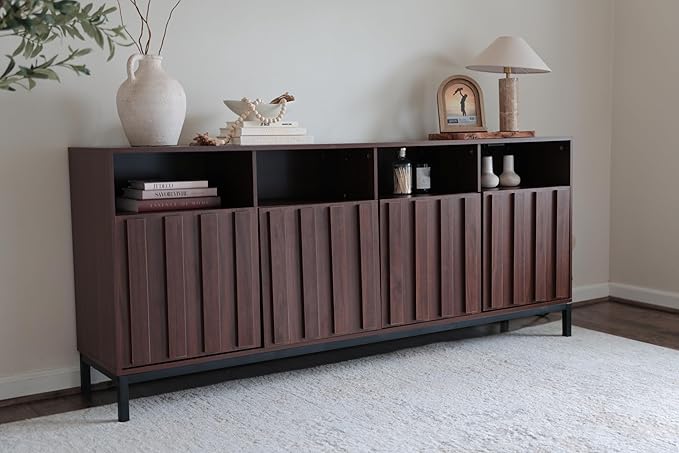 COCO DESIGN 70" Buffet Sideboard Cabinet with Fluted Panel Doors, Large Credenza Console with Power Outlet & Adjustable Shelves, Modern Storage Cabinet for Kitchen & Living Room, Walnut