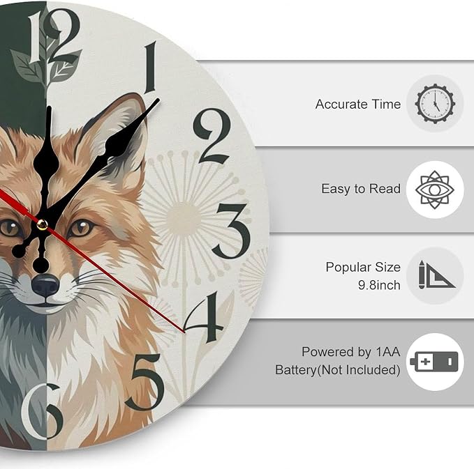 Woodland Fox Art Wooden Wall Clock Silent Non Ticking, Battery Operated Frameless Home Decor for Living Room Bedroom Kitchen Office, Cute Animal Gift 10 12 inch