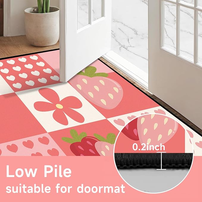 Strawberry Checkered Rug Cute Red Area Rug Love Flower Washable Carpet for Entryway Bedroom Living Room Kitchen Nursery Home Decor Soft Non Slip Floor Mat，3'x5'