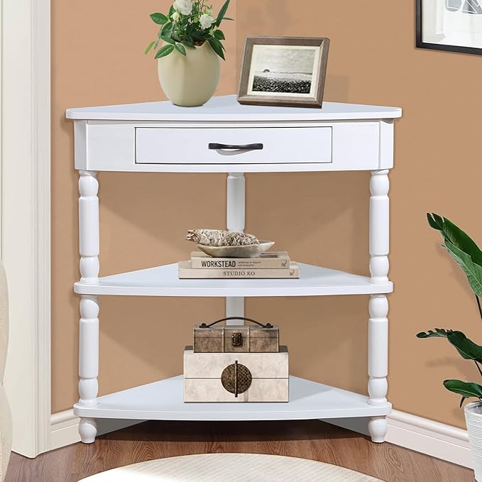 33.86" Corner Table, Wood 3 Tier Triangle Side Table Corner Shelf Stand with Solid Wood Legs 1 Drawer & 2 Storage Shelves for Living Room Small Space (Milk White)