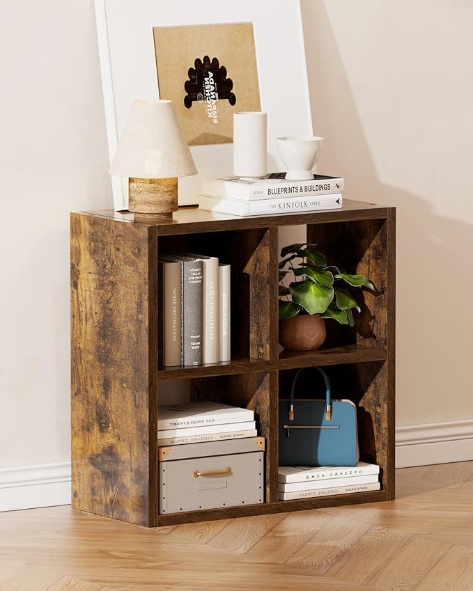 GTPLAYER 4-Cube Storage Organizer, Fits 11" Bins, Vertical or Horizontal Use, Opening Bookshelf, Partial Back Panels, Stackable Design Bookcase, for Desk, Vanity, Entryway, Vintage Brown