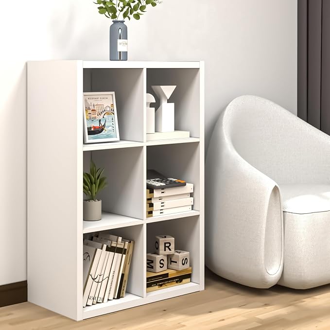 Endearing Limons【2026 Wooden Thick Border 6 Cube Shelf Storage Organizer with Anti-Tipping Kits + Reversible Open Back Bookcase (11 * 11 Unit Cell White)