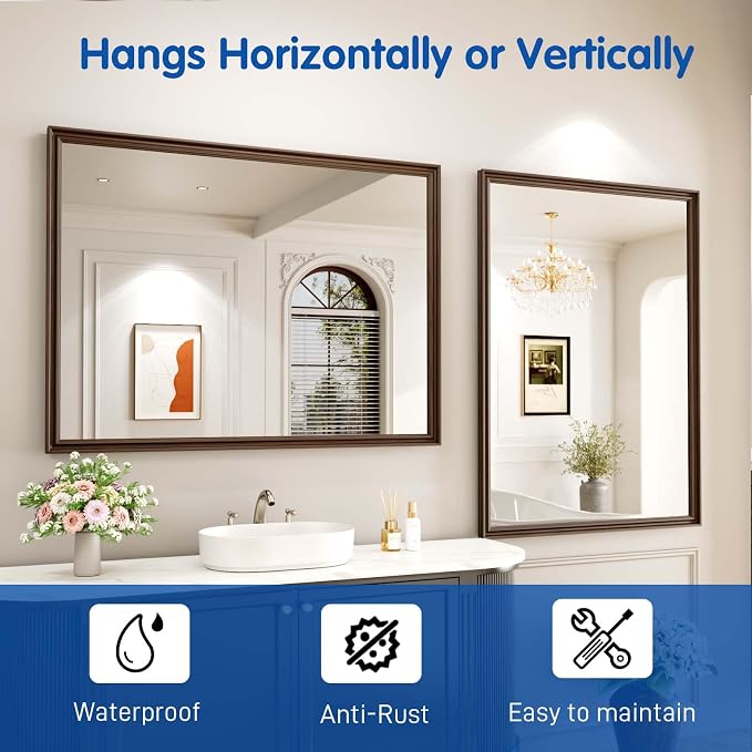 WEER Retro Copper Bathroom Mirror, 48x36 Inch Bronze Oil Rubbed Framed Mirror, Rectangle Classic Vintage Framed Wall Mirror, Farmhouse Vanity Mirror, Tempered Glass, Vertically or Horizontally