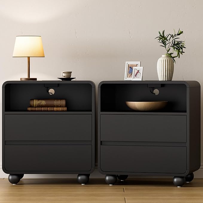 Lulive Wood Night Stand with Drawers, Modern Bedside End Table with Charging Station, Curved Profile Design Storage Nightstand for Bedroom, Black