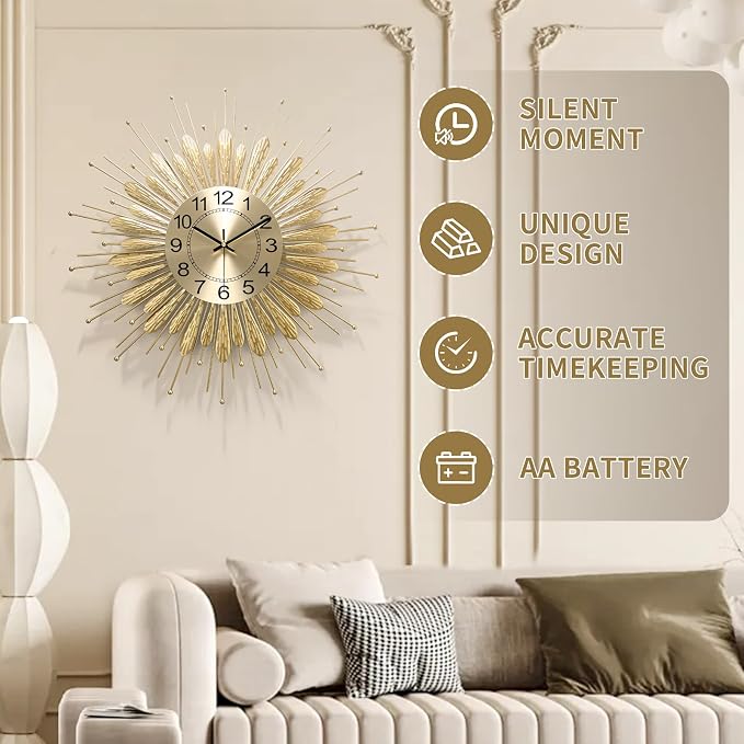 Large Wall Clock,23inch Gold Wall Clock Non-Ticking Mid Century Wall Clocks for Living Room Decor,Battery Operated Wall Clock for Bedroom&Living Room