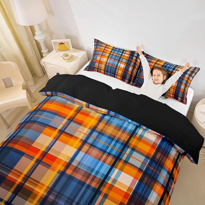 Erosebridal Boys Girls Plaid Comforter Cover Twin Orange Blue Checkered Duvet Cover for Kids Teens Buffalo Grid Stripes Geometric Bedding Set Rustic Farmhouse Style Bed Set with Zipper