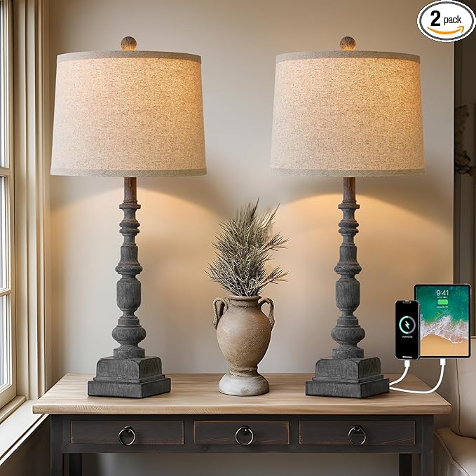 Oneach 27.75" Farmhouse Table Lamps Set of 2, USB A+C, Rustic Tall Table Lamp for Living Room, Traditional Rustic Lamps Bedside Lamps for Bedroom Office End Table, Antique Grey