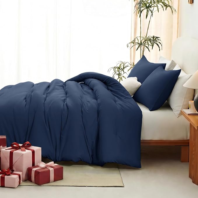 CozyLux Super King Plus Comforter Set Navy Blue, 3 Pieces 128"x120" Lightweight Down Alternative Quilted Bedding Sets, All Season Breathable Solid Comforter with 2 Pillowcases, Oversized Bed Set Gift