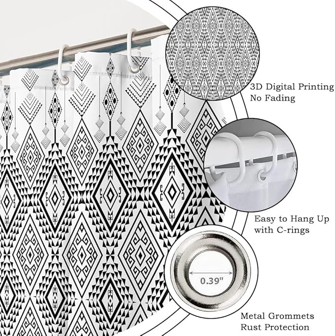 Bohemian Shower Curtain for Bathroom Black and White Geometric Pattern Shower Curtains Modern Abstract Minimalist Bathroom Decor Set Washable Waterproof Polyester Fabric with Hooks 72x72 Inch