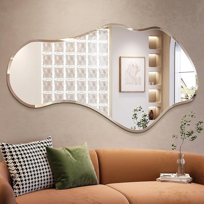 Irregular Wall Mirror, 28”x50” Asymmetrical Wall Mirror, Frameless Asymmetrical Mirrors for Bathroom Entry Way Bedroom Living Room