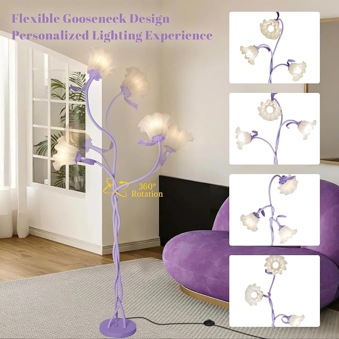 Flower Standing Lamp for Bedroom, Cute Corner Floor Lamp with Flexible Gooseneck, 3 Light Floor Reading Lamp with 3 Color Temperatures, Bulbs Included, Tall Floor Lamp for Living Room Corner(Purple)