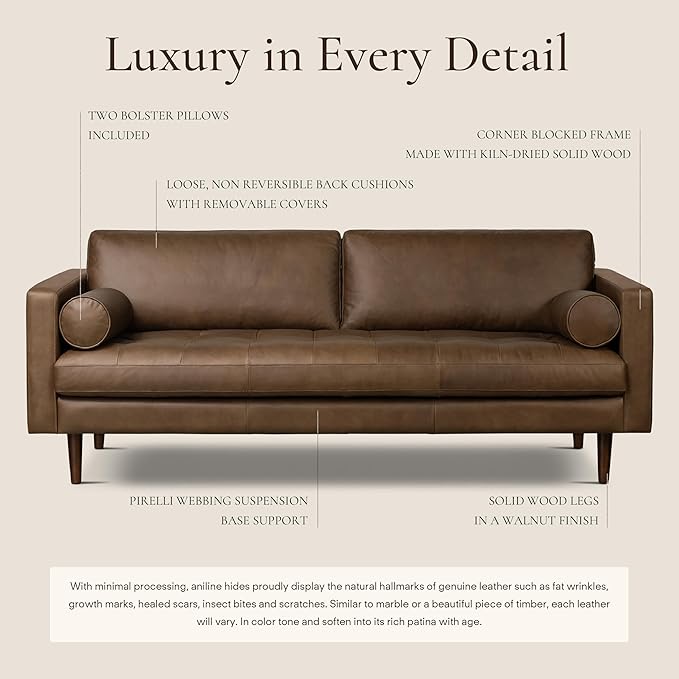 Poly & BARK Napa 88.5" Sofa – Cocoa Brown Full-Grain Pure-Aniline Italian Leather, Feather-Down Cushioning, Kiln-Dried Solid Wood Frame, Walnut Legs
