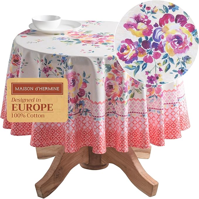 Maison d' Hermine Table Cloth Round Table 100% Cotton 69 Round Inches Tablecloth Reusable Decorative for Dining Room Farmhouse Home Valentines Day Decorations Spring Summer - Rose Garden