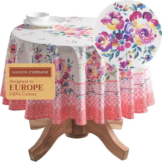 Maison d' Hermine Table Cloth Round Table 100% Cotton 63 Round Inches Tablecloth Reusable Decorative for Dining Room Farmhouse Home Valentines Day Decorations Spring Summer - Rose Garden