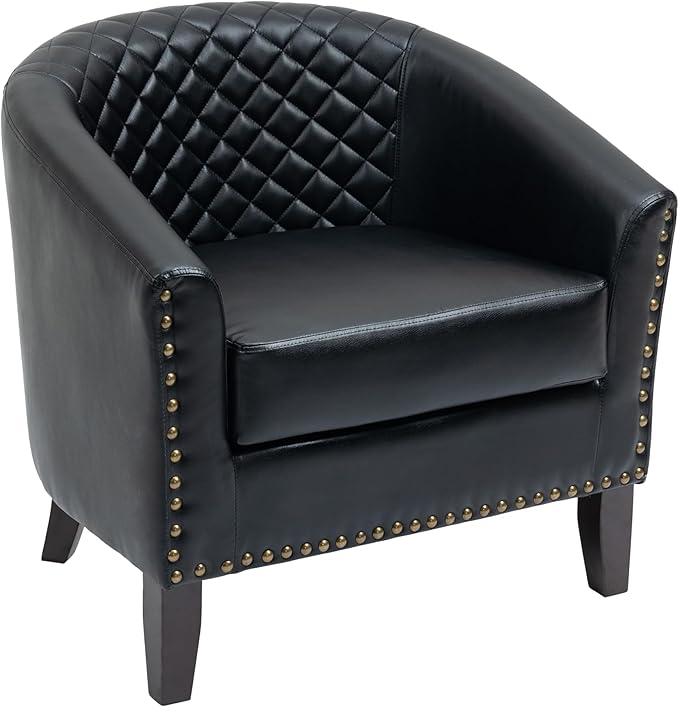 UIXE Faux Leather Barrel Accent Chairs Set of 2, Modern Club Upholstered Arm Chair, Comfy Armchair Nailed Trim Living Room Single Sofa Reading Seat Bedroom Side Sitting for Office, Black