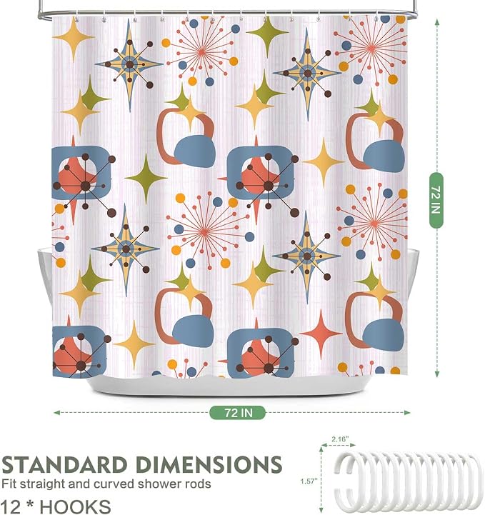 Mid Century Shower Curtain, 72x84inch, Modern Abstract Retro Pink Striped Geometric Shower Curtain Sets 1950s Boho Bathroom Shower Curtain with 12 Hooks