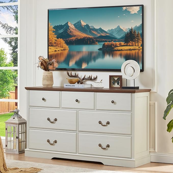 Farmhouse 7 Drawer Dresser for Bedroom,54" Wide Wood Rustic Chest of Drawers,Farmhouse Chest of Drawers for Bedroom,Wood Drawer Organizer for Living Room, Hallway,Bedroom,White