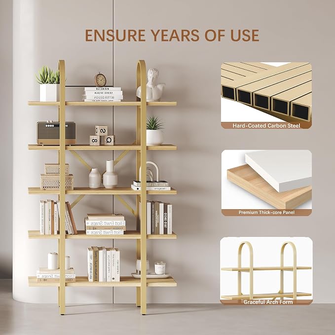Wide Bookshelf Arched Bookcase, Industrial 5 Tier Open Book Shelves with Metal Frame, 72" Tall Freestanding Heavy Duty Display Rack for Home Office, Living Room,Nature Wood & Gold,Easy Assembly