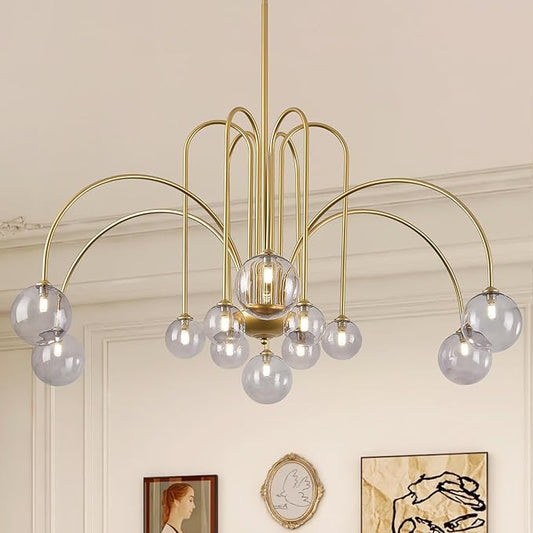 Modern Gold Sputnik Chandelier Mid Century 12 Lights Large L52” Smoke Glass Globe Pendant Light Fixture for High Ceiling Foyer Staircase Living Dining Room