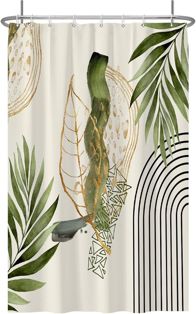 Baocicco Boho Shower Curtain Green Gold Leaves Modern Abstract Geometric Minimalist Shower Curtains Decorative for Bathroom Waterproof Fabric Shower Curtain with Hooks 48x72 Inches