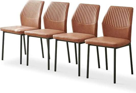 Dining Chairs Set of 4, Brown PU Leather Dining Chairs, Comfortable Upholstered Armless Kitchen Chairs with Black Metal Legs for Living Room, Dining Room, Kitchen
