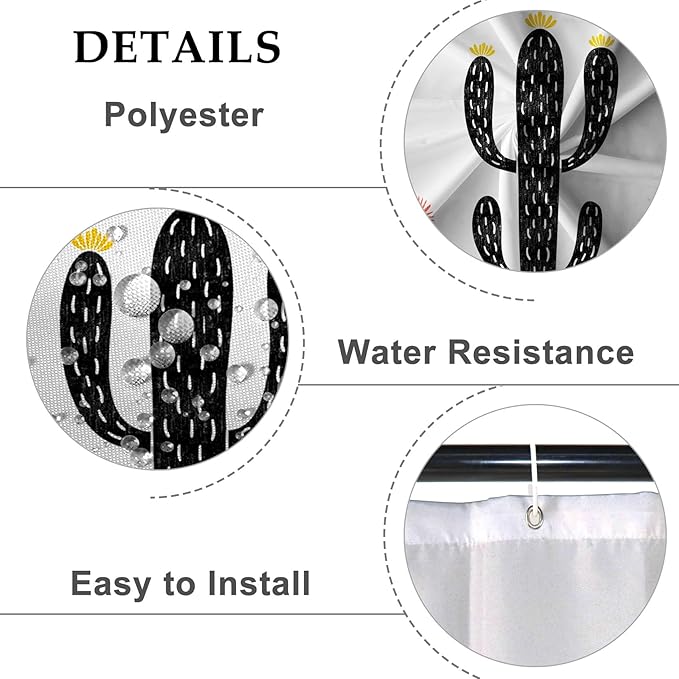 Baocicoo Boho Cactus Shower Curtain Tropical Plants Minimalism Floral Abstract Moon Black and White Shower Curtains for Hotel Home Bathroom Polyester Waterproof Fabric with Hooks 72x96 Inches