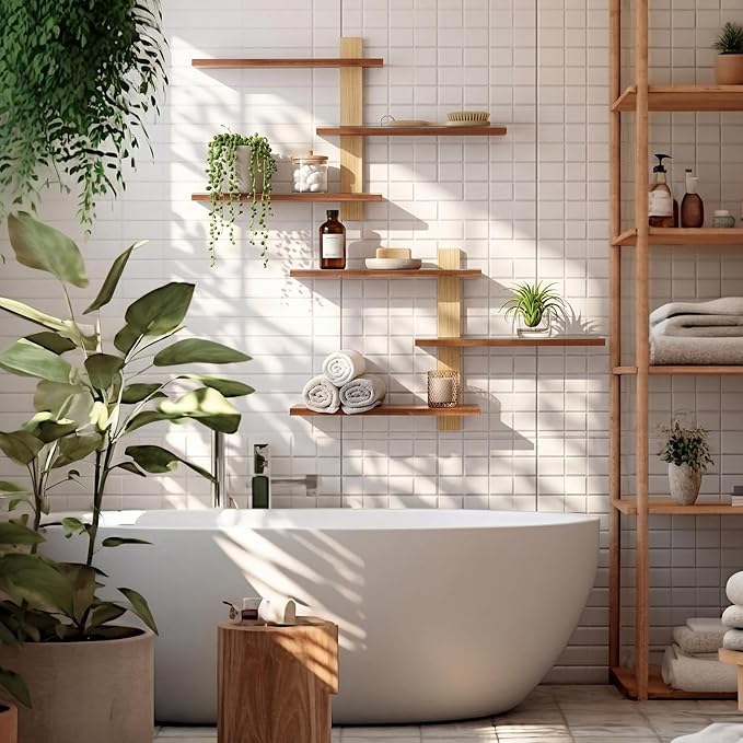 Pinkunn 2 Pack Wood 3 Tier Floating Shelf Large Minimalist Wall Shelves Mid Century Modern Furniture Wall Mount Shelf Art Decor Rustic Shelving for Bedroom Living Room Office Home(Natural Wood)
