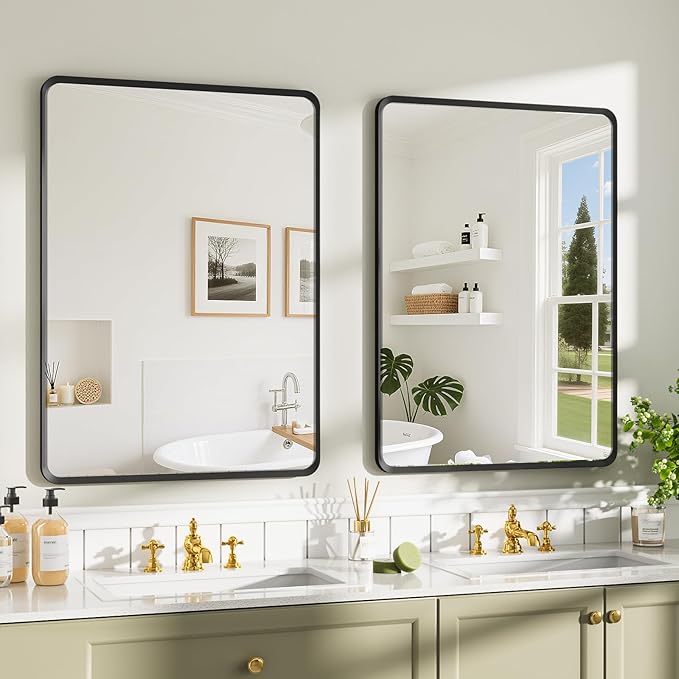 20x28 inch Black Bathroom Mirror, Metal Framed Rounded Rectangle Wall Mount Vanity Mirror, HD Tempered Glass, Aluminum Frame, Horizontal or Vertical Hanging, Modern Home Decor