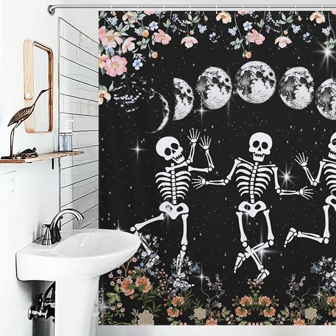 Skull Skeleton Flower Moon Shower Curtain Gothic Moon Phase Scary Horror Black Spooky Flower Holiday Waterproof Shower Curtains for Bathroom Decor 12 Pack Hooks 72x72in (183x183cm)