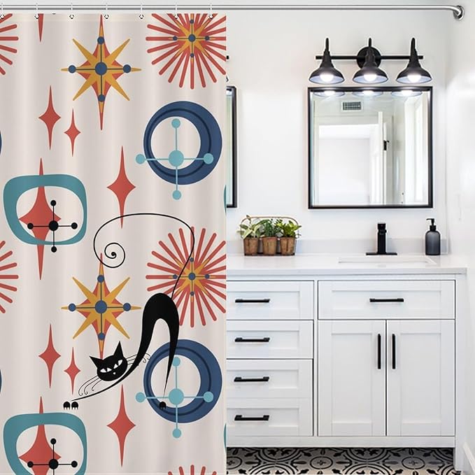 Mid Century Black Cat Shower Curtain,Modern Atomic Retro Abstract Geometric 60s 70s Iconic Decor Fabric Bathroom Curtain with Hook 66x72in（168x183cm）