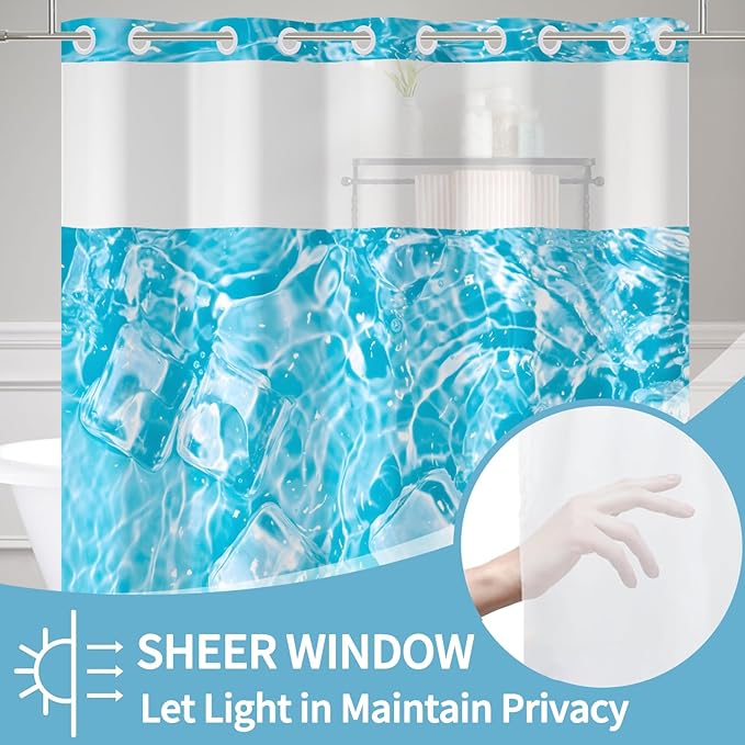Blue Shower Curtain with Snap in Liner Water Pattern with Ice Cubes Summer Cool No Hook Shower Curtains with Mesh Polyester Fabric Waterproof Bathroom Curtain Set 71x74 Inch