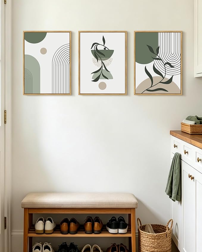 KUVIOKE Boho Wall Art Framed Botanical Modern Wall Printing Green Neutral Abstract Geometric Prints Bohemain Sage Decor for Farmhouse Living Dining Room 12x16in (Natural Framed)