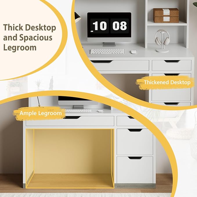 MaverickFurni White Desk with Hutch and Drawers, 53 Inch Computer Desk with Storage File Drawer, White Study Desk with 4 Drawers for Bedroom, Small Space