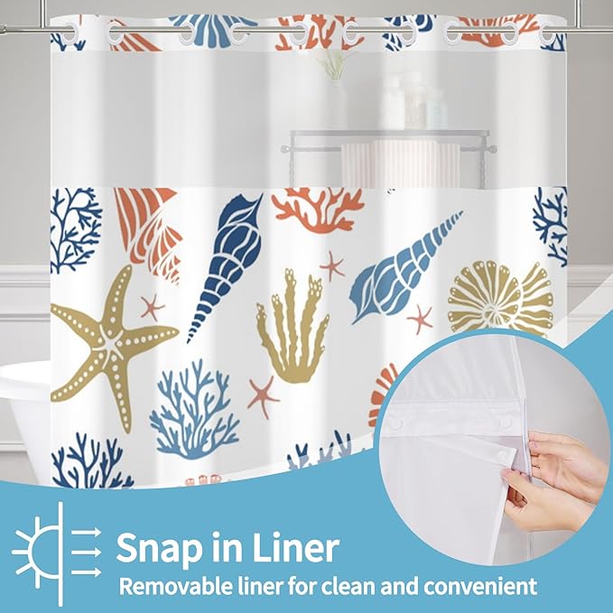 No Hook Nautical Coastal Shower Curtain with Snap in Liner Set Ocean Themed Coral Seashell Starfish Beach Shower Curtains Polyester Fabric Waterproof Bathroom Curtains 71Wx74H