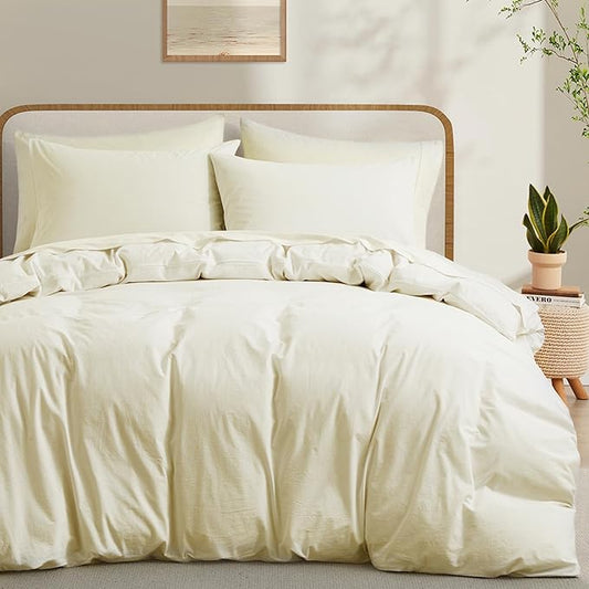 Cream White Cotton Duvet Cover with Zipper Closure, Linen-Like Natural Bedding Set (No Comforter), Queen Size, Duvet Cover (90"x90") x 1, Pillowshams(20"x26") x 2