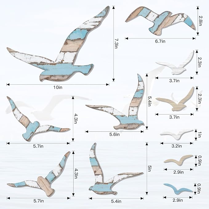 Zzbakress 11 Pcs Wooden Seagull Wall Decor Nautical Coastal Beach Wall Art Vintage Ornaments Unique Sea Birds Wall Sculpture for Home Bathroom Living Room Bedroom (Vintage)