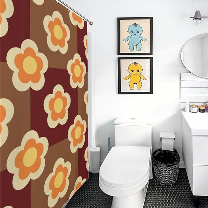 Bohemia Orange Brown Flowers Shower Curtain Funky Retro Lattice Floral Hippie Mid Century Aesthetic Washable Waterproof Fabric for Bathroom Decor Bathtub with 12 Hooks 55x72in（140x183cm）