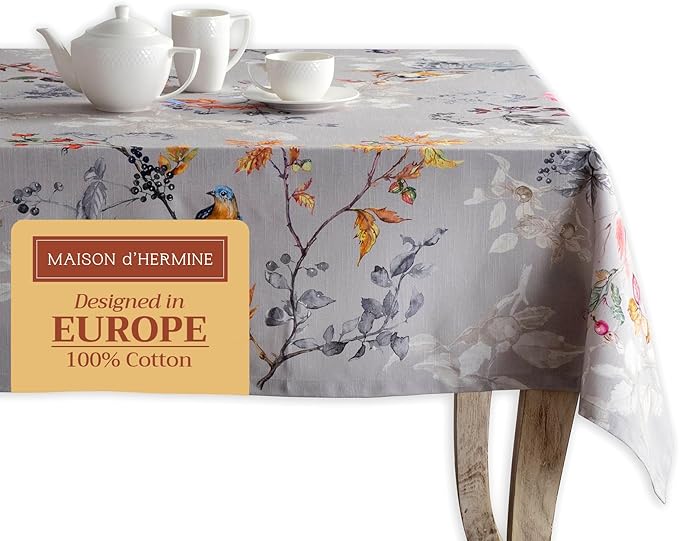 Maison d' Hermine Table Cloth Rectangle Table 100% Cotton 70 x 108 Inches Fall Tablecloth Reusable Everyday Use for Thanksgiving Christmas Decorations Dining Farmhouse Party (Equinoxe - Grey)