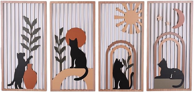 SHENGTIAN 4 Piece Unique Wall Art Set, Aesthetic Cat Art - Geometric Boho Wood Art, Black/Funny Cat Prints, Mid Century Modern Style, for Farmhouse/Office/Bedroom/Living Room, Narrow Vertical Design