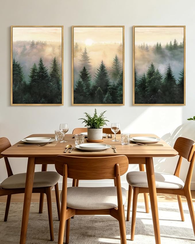 KUVIOKE Sun Dawn Fog Pine Tree Framed Wall Art Morden Nature Nordic Forests Artwork Bedroom Decor 24x36in (Natural Framed)