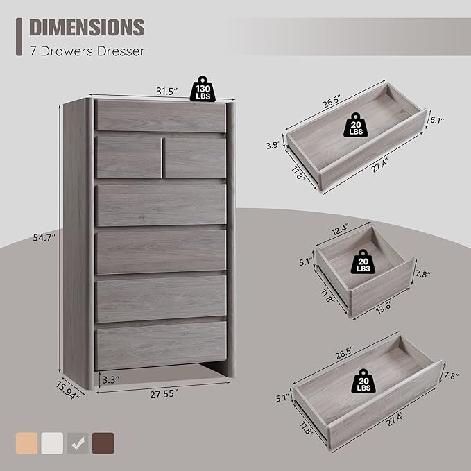 Modern 7 Drawers Dresser for Bedroom, 54.7" Tall Large Dresser & Chests of Drawers w/Rounded Corner, Wood Handleless Organizer Dresser w/Natural Texture for Bedroom, Living Room-Light Grey